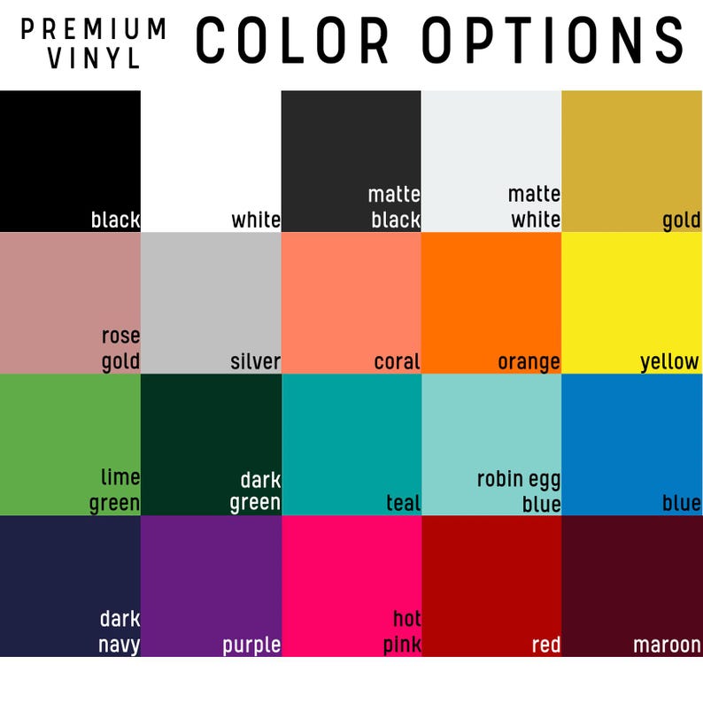 Op de afbeelding: Kleurenoptiestabel voor premium vinyl. De tabel toont 16 verschillende kleuren, waaronder zwart, wit, roosgoud, zilver, koraal, oranje, geel, limoengroen, donkergroen, teal, robijnblauw, blauw, donkerblauw, paars, roze, rood en maroon.