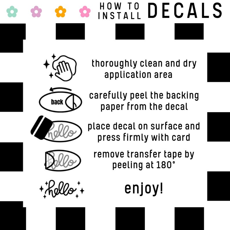 Op de afbeelding: Een stapsgewijze handleiding voor het installeren van stickers. De instructies omvatten het reinigen van het applicatiegebied, het verwijderen van de achterkant, het plaatsen van de sticker, het stevig aandrukken met een kaart en het verwijderen van de transfertape. De laatste stap is om te genieten van het eindproduct.