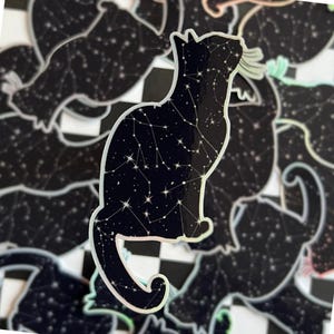 Holographic Zodiac Cat Sticker, Astrology Sticker, Witchy Gift, Cute Cat Decor, Celestial Sticker, Water Bottle Sticker, Water Resistant