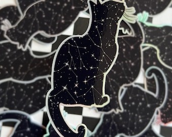 Holographic Zodiac Cat Sticker, Astrology Sticker, Witchy Gift, Cute Cat Decor, Celestial Sticker, Water Bottle Sticker, Water Resistant