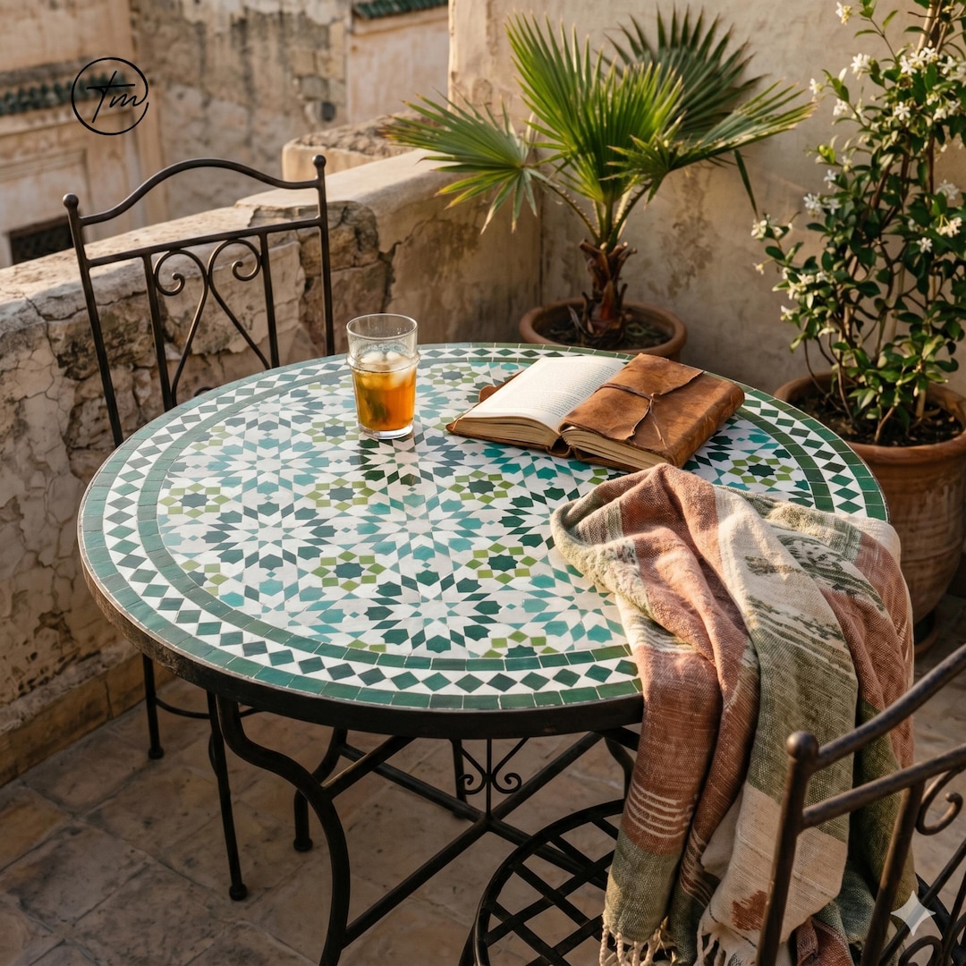 Green Mosaic Bistro Table, Round Moroccan Zellige Patio Table