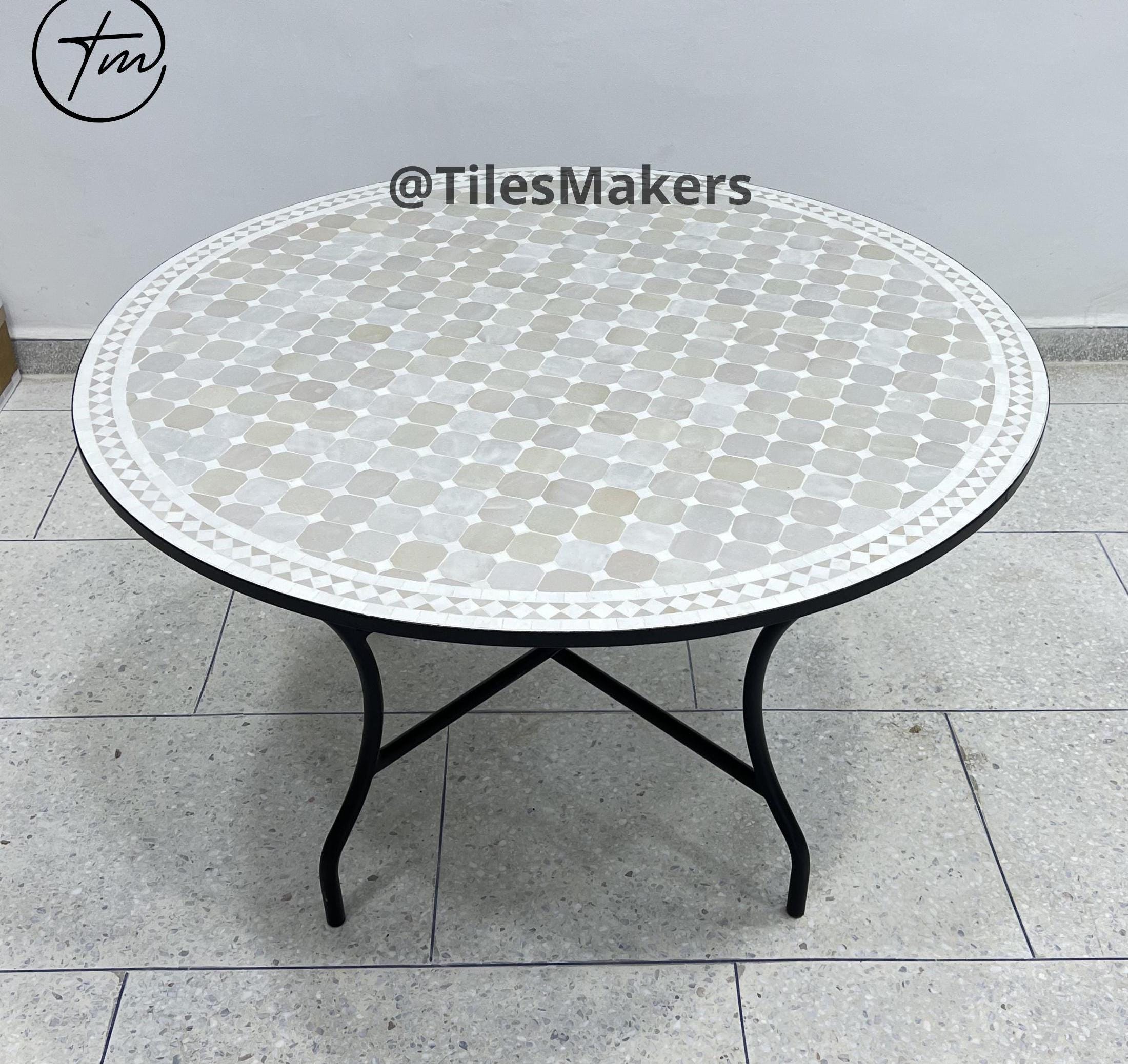 Custom Mosaic Outdoor Patio Table | Rounded Tiled Top Garden Table | Handmade Rustic Modern Table | Solid tiled furniture Table