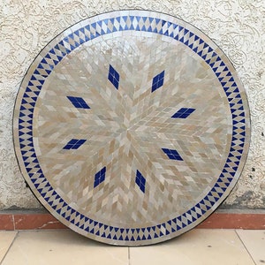 Personalized Round Beige and Blue Mosaic Tile Dining Room table