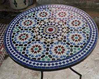 Round Moroccan Mosaic Dining Table, Handmade Outdoor Patio Bistro Table, Garden & Terrace Furniture