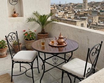 Outdoor Mosaic Bistro Table Round Patio Dining Table Zellige Tile Handmade Custom Size