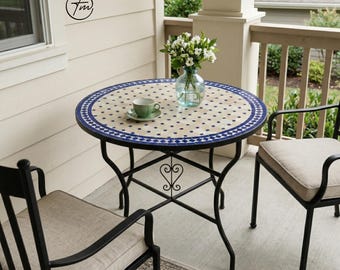Outdoor Mosaic Table, Round Patio Bistro Table, beige & Blue Tile dining Furniture , Custom sizes