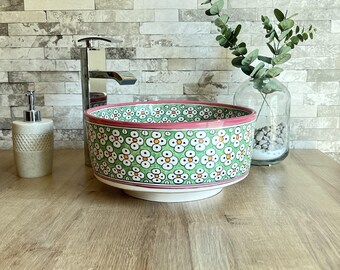Handmade Moroccan Floral Ceramic Vessel Sink: Customizable Bathroom Basin
