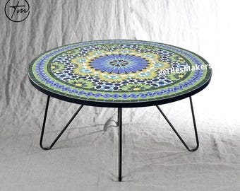 ハンドメイドのラウンドタイルコーヒーテーブル - カスタムモザイク