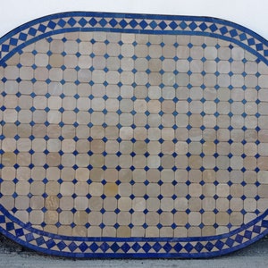 Handmade Moroccan Oval beige & Blue Bistro Table with Mosaic Tiles For Outdoor