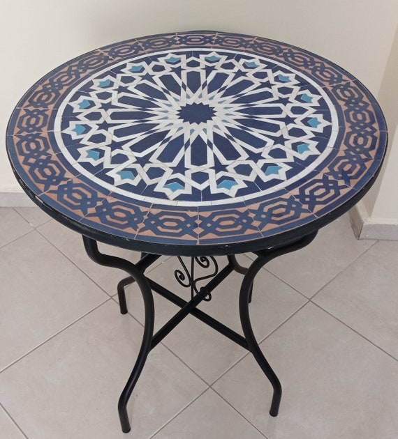 Moroccan Round Blue and White Mosaic Tile Dining Room Table Etsy UK
