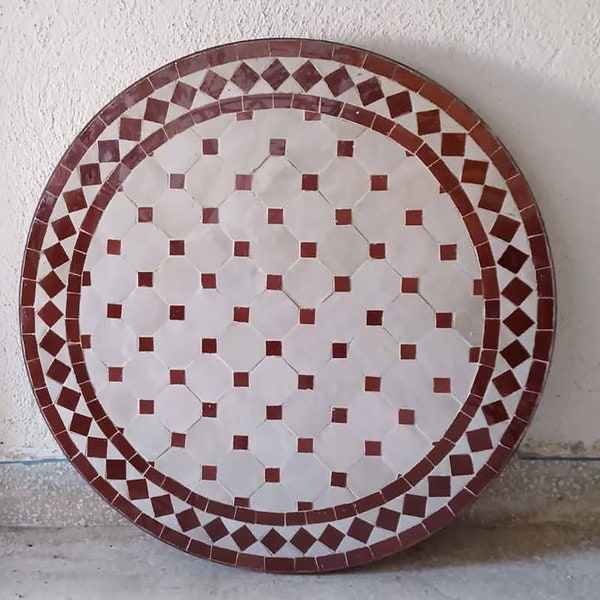 Handmade Moroccan Round White & Red Bistro Table with Mosaic Tiles Outdoor