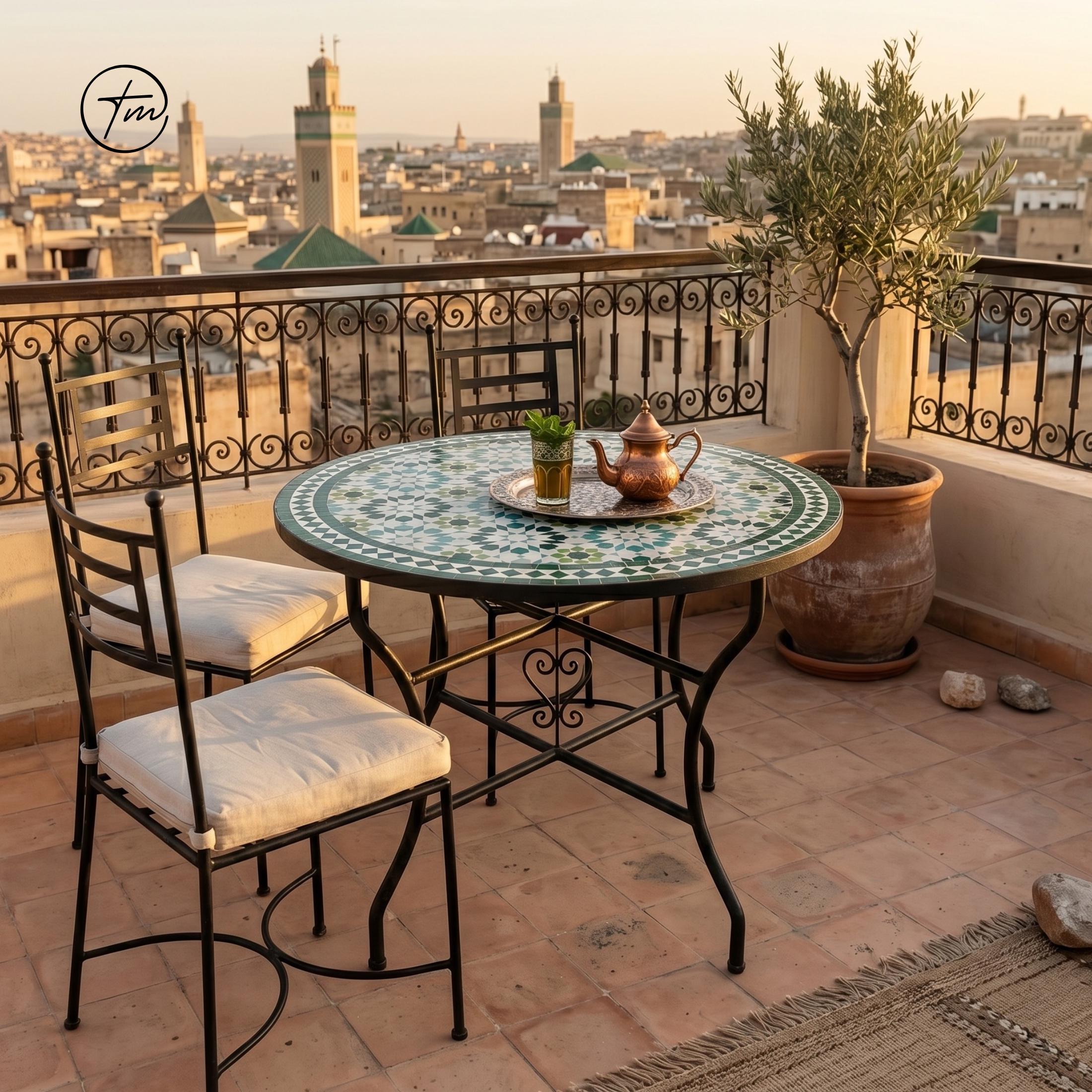 Green Mosaic Bistro Table, Round Moroccan Zellige Patio Table