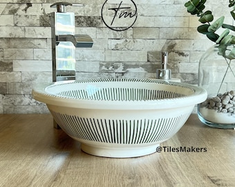 Minimalist Moroccan Ceramic Sink – Hand-Painted Green Line Vessel Basin | Organic Boho Bathroom Vanity Bowl