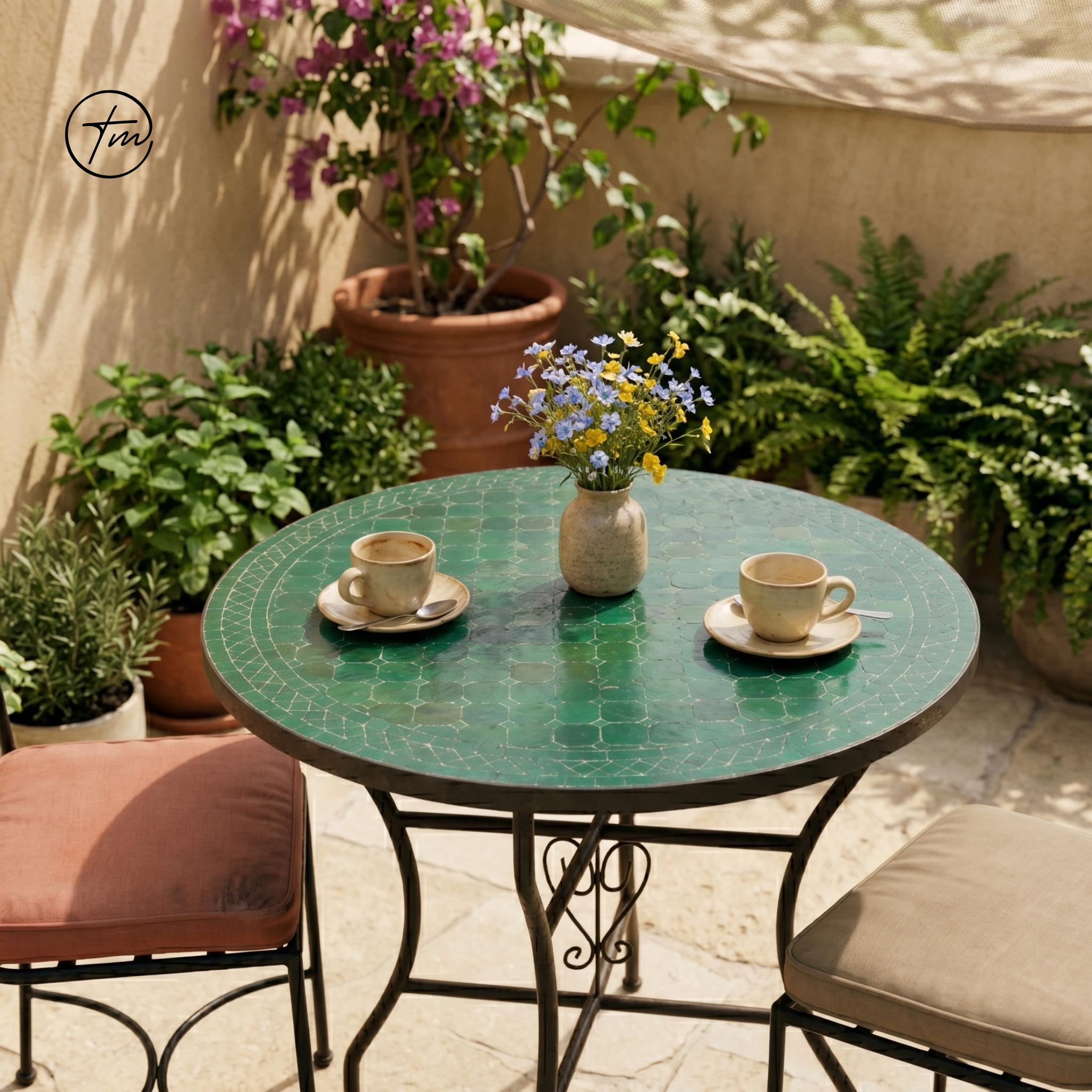 Green Zellige Mosaic Coffee Table - Handmade Moroccan Low Accent
