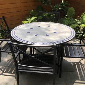 Moroccan Mosaic Tiled Outdoors Patio Table- Handmade White and Blue Tiles Bistro Table - Round Garden Furniture Table