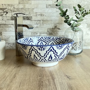 Handmade Ceramic Vessel Sink: Blue Arabesque Floral Bathroom Basin