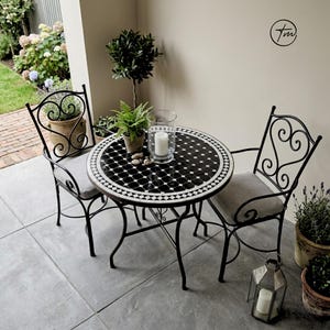 Handmade Moroccan Mosaic Bistro Table, Black White Geometric Zellige Tile, Custom Round Outdoor