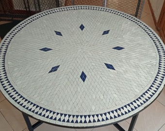 Handmade Moroccan Mosaic White and Blue Tiles Patio Bistro Round Garden Table