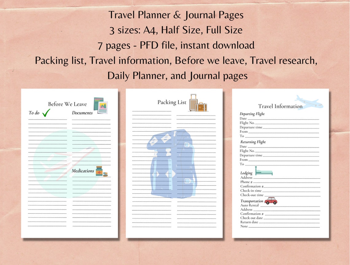 Printable Travel Planner and Journal. Trip Itinerary Packing Etsy