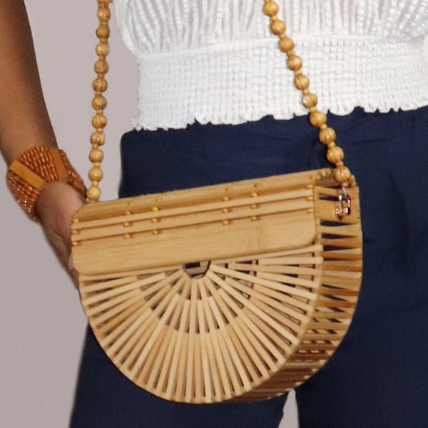 Roped Arc Bamboo Bag | Bohemian Wooden Summer Beach Tote Bag, Vacation Purse & Outdoor Clutch Bags for Women