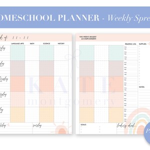 Könnte beinhalten: Ein druckbarer Homeschool-Planer mit einer wöchentlichen Übersicht. Der Planer hat Abschnitte für Sprachkunst, Mathematik, Naturwissenschaften, Geschichte, Lesetagebuch, Verbrauchsmaterialien, Ziele und Notizen. Der Planer ist mit einem Regenbogen- und Sonnendesign verziert.