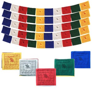 May include: A set of colorful prayer flags with Tibetan Buddhist mantras printed on them. The flags are strung together and feature the colors white, red, green, yellow, and blue. There are also five individual prayer flags in the colors yellow, white, red, blue, and grey.