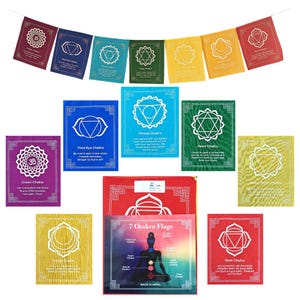 Peut inclure: Ensemble de drapeaux de chakra colorés avec des motifs géométriques blancs et du texte. Les drapeaux sont de différentes couleurs, notamment violet, bleu, vert, jaune et rouge. Un grand drapeau présente un schéma des chakras.