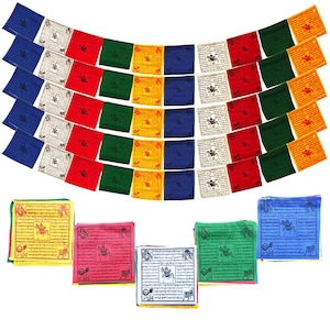 May include: A collection of colorful prayer flags in blue, white, red, green, and yellow. The flags are rectangular with printed text and images. Some flags are strung together, while others are displayed individually.