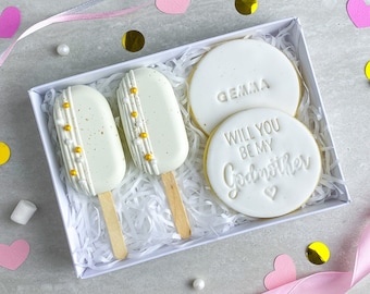 Personalised GODMOTHER / GODFATHER Proposal Cakesicle and Biscuit Treat Box /  Will you be my Godmother / Will you be my Godfather