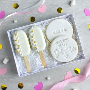 Personalised GODMOTHER / GODFATHER Proposal Cakesicle and Biscuit Treat Box /  Will you be my Godmother / Will you be my Godfather