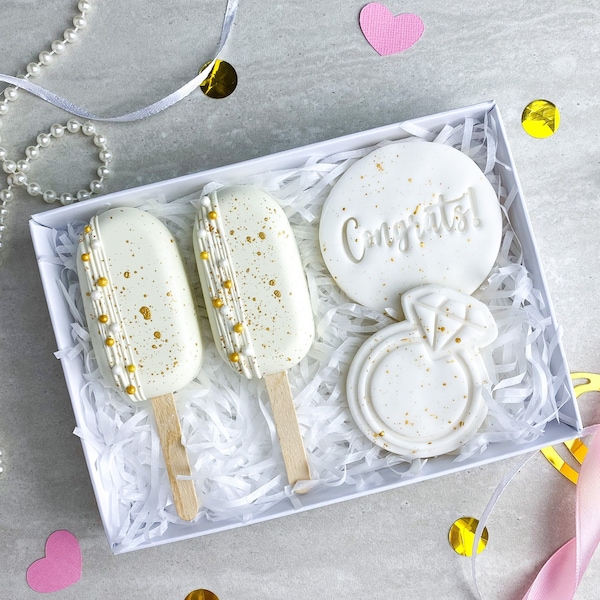 ENGAGEMENT Cakesicle and Biscuit Treat Box Gift - Belgian Chocolate Cakesicle - Popsicle - Luxury Wedding / Engagement /  Proposal gift