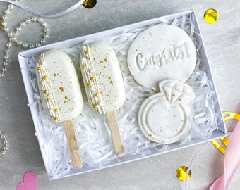 ENGAGEMENT Cakesicle and Biscuit Treat Box Gift - Belgian Chocolate Cakesicle - Popsicle - Luxury Wedding / Engagement /  Proposal gift