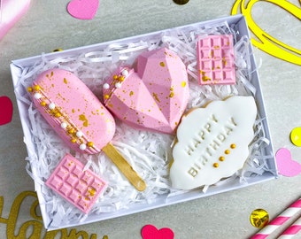 Pink Birthday Cakesicle Treat Box - Personalised Birthday Gift -Belgian Chocolate Cakesicle and Heart - Pink  Popsicle - Unique Gift -