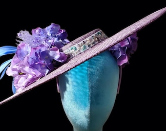 Lilac Straw Hatinator with Silk Hydrangea and Sari Ribbon Accent