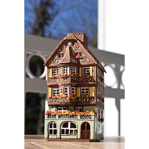 House Alsace, France. European village. Ceramic candle house. Candle holder. Ceramic house tealight. Christmas village houses, France decor