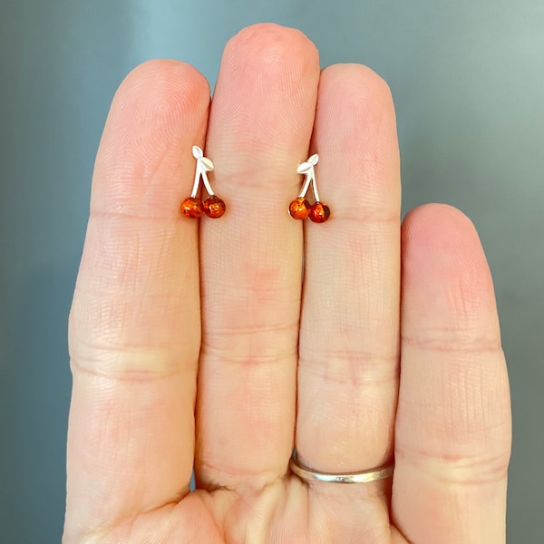 Cherry stud earrings, 925 sterling silver cherry earrings, Fruit earrings, Dainty stud earring, Amber stud earrings, Cherry jewelry