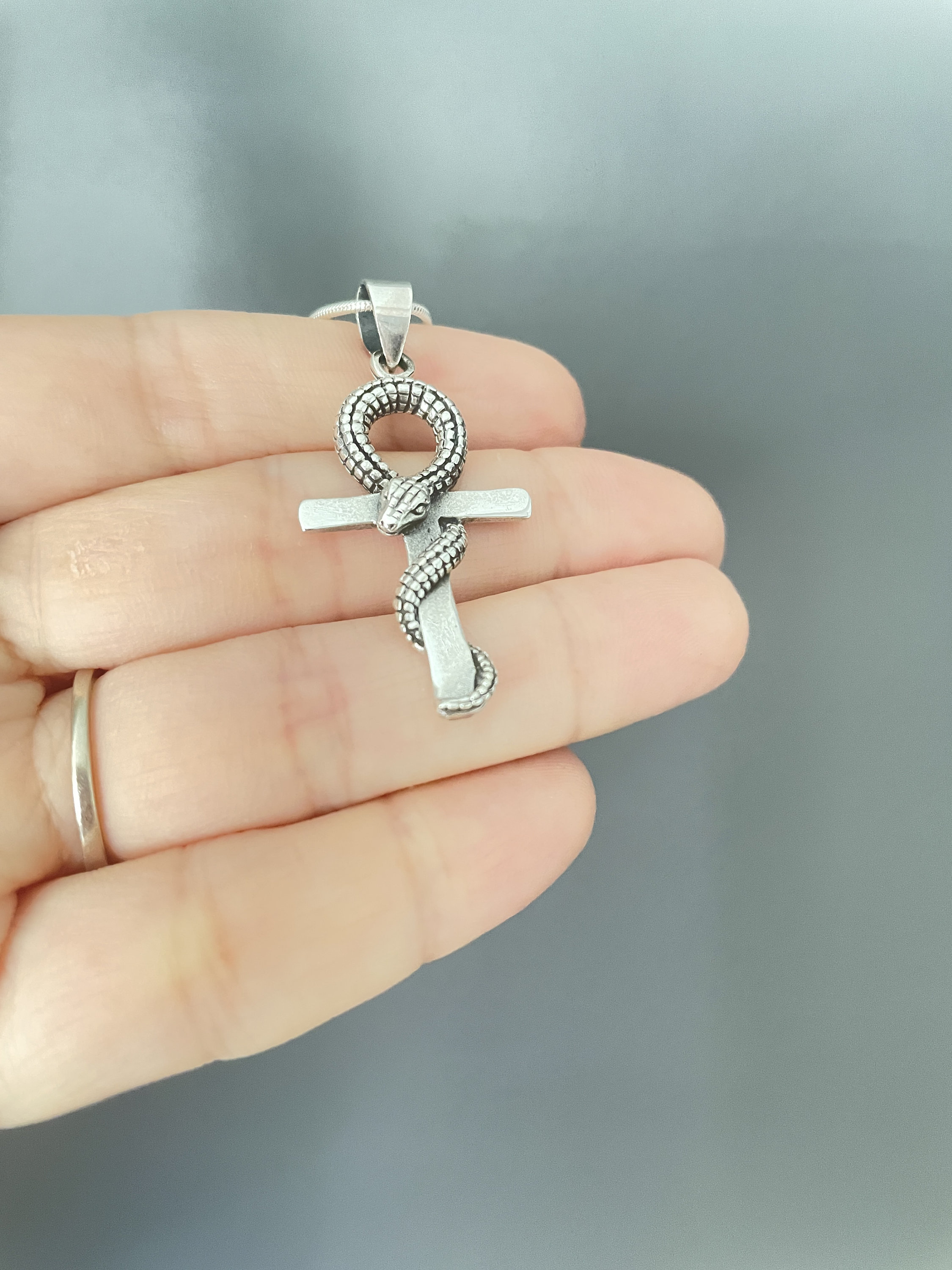 Cross Snake Ankh Necklace, Ankh Necklace, Sterling Silver Ankh