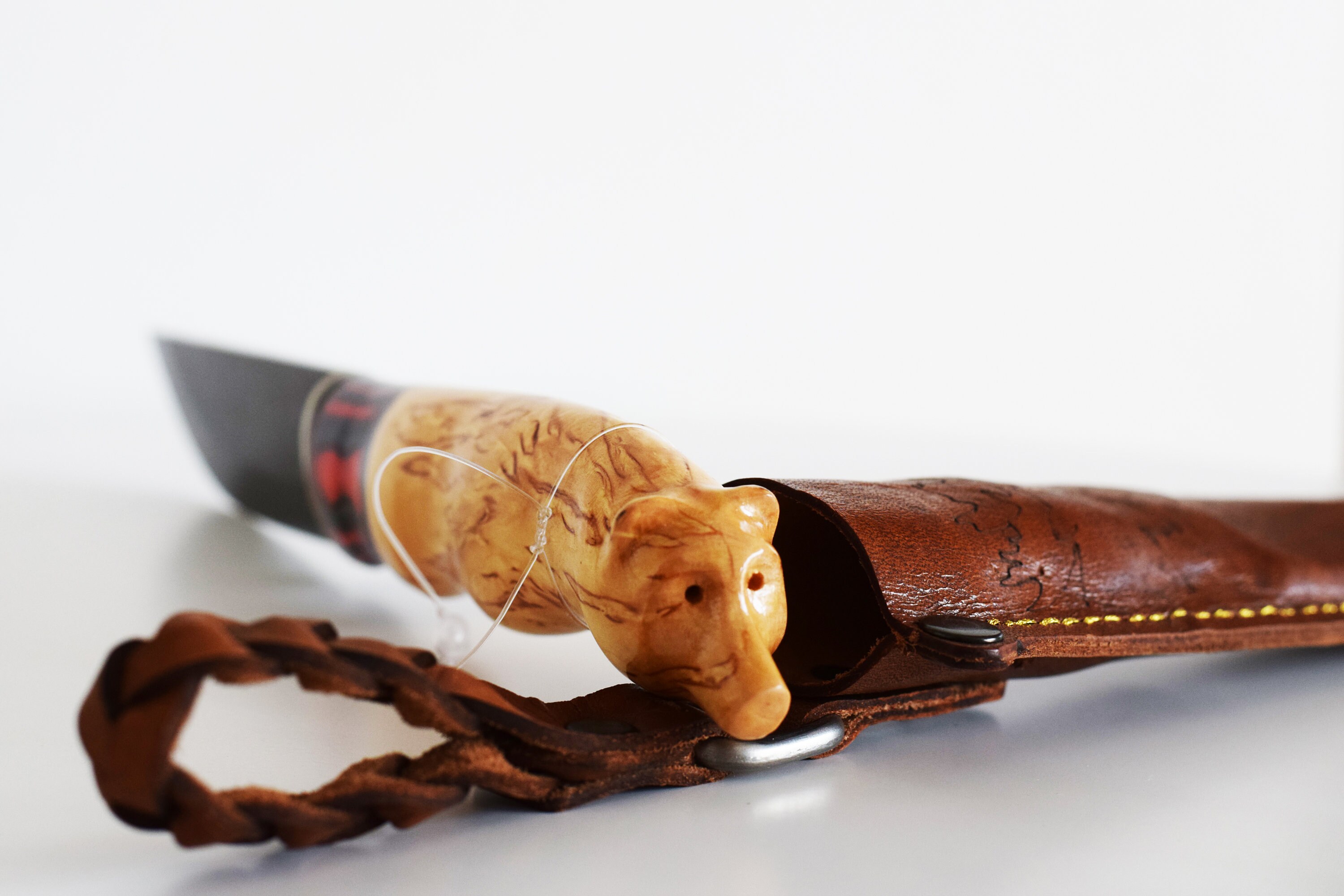Knife with bear head. Damascus steel knife. Hand carved wood. Etsy