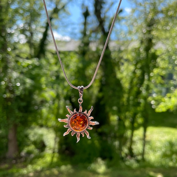 Sun pendant. Baltic amber sun pendant, Sterling Silver, Cognac color, Sun jewelry, Pendent amber, Sun Necklace, Silver sun Pendant necklace