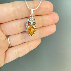 May include: A silver owl pendant with amber-coloured accents hangs from a silver chain. The owl pendant features detailed eyes and a textured body. The pendant is held in a hand against a grey background.