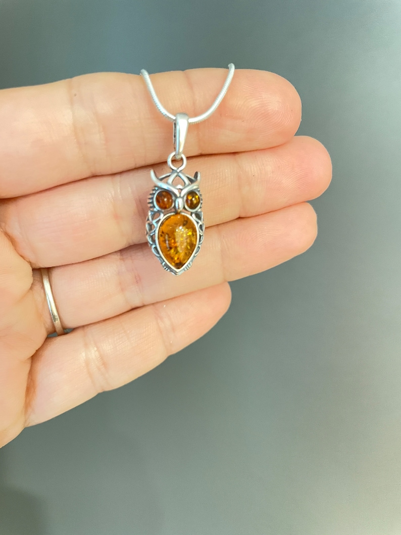 May include: A silver owl pendant with amber-coloured accents hangs from a silver chain. The owl pendant features detailed eyes and a textured body. The pendant is held in a hand against a grey background.