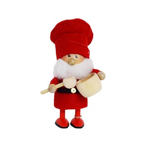 May include: A red felt Christmas ornament depicting a chef with a white beard, holding a wooden spoon and bowl.