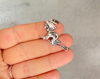 Flying Witch Pendant, 925 Sterling Silver Flying Witch Necklace, Witch jewelry, Witch gifts, Witch Charm, Witch on a Broom pendant