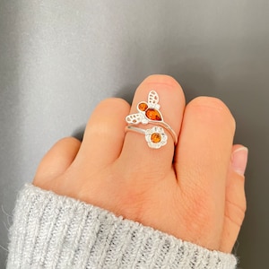 Bee Ring, 925 Sterling Silver Bee Ring, Adjustable ring, Bee jewellery, Bee gifts, Amber jewellery, Bee, Flowers, Bee Ring, Bee lover