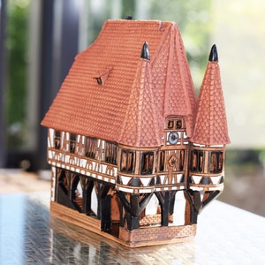 Historic Town Hall Michelstadt, Germany. Ceramic house tealight. Ceramic candle house. Candle holder house. Christmas village house