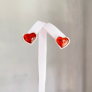 Heart Stud Earrings, Sterling silver stud earrings, Heart jewelry, Heart gift, Genuine Baltic amber earrings, Amber earrings, Earrings heart