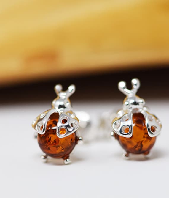 Sterling Silver Amber Bug Earrings Sterling Silver Amber Bug Earrings
