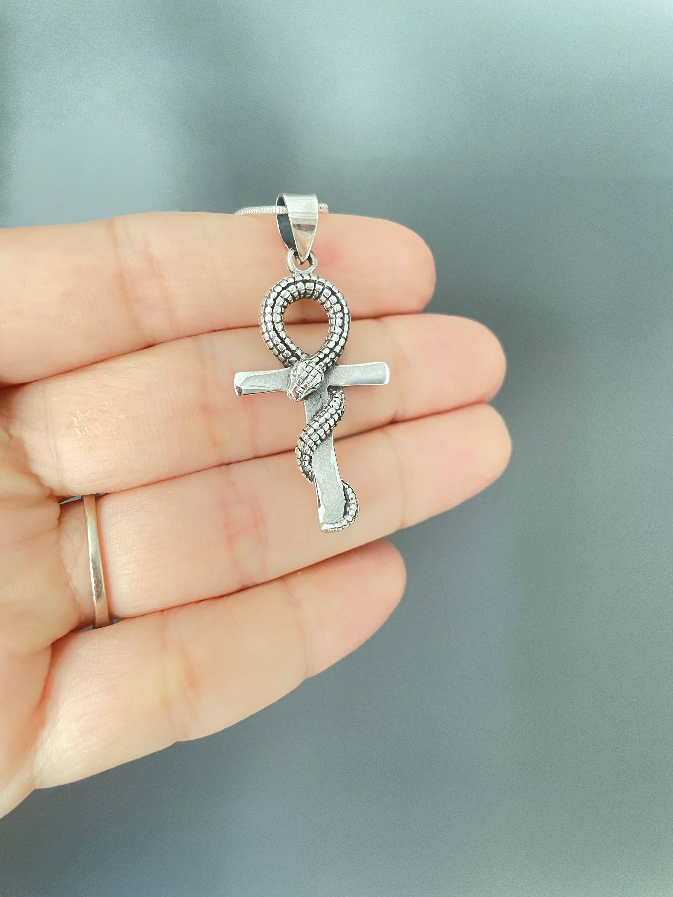 Cross Snake Ankh Necklace, Ankh Necklace, Sterling Silver Ankh