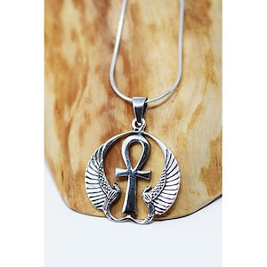 Ankh Cross Angel Wings Pendant Necklace, Sterling Silver Ankh Pendant, Key of Life Pendant, Egyptian Cross Ankh Necklace, Egyptian jewelry