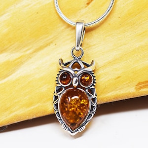 May include: Silver owl pendant necklace featuring a teardrop-shaped amber stone. The owl pendant has detailed features, including eyes and a textured body. The necklace is on a silver chain, set against a light brown wooden surface.
